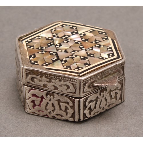 1049 - An Egyptian silver and mother of pearl marquetry rectangular box, hinged domed cover decorated in th... 