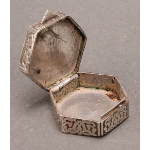 1049 - An Egyptian silver and mother of pearl marquetry rectangular box, hinged domed cover decorated in th... 