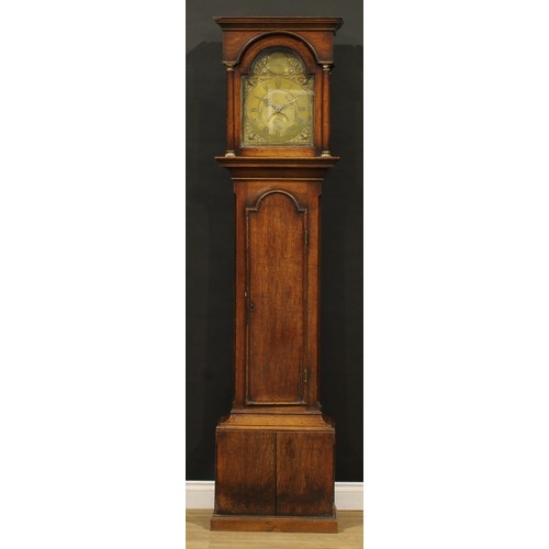 2418 - A George III oak longcase clock, 28cm arched brass dial inscribed R. Hills SUNDERLAND, Roman and sub... 