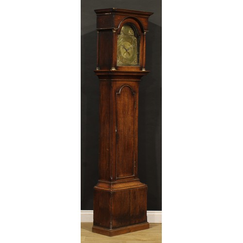 2418 - A George III oak longcase clock, 28cm arched brass dial inscribed R. Hills SUNDERLAND, Roman and sub... 