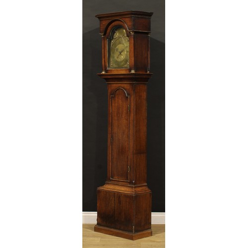 2418 - A George III oak longcase clock, 28cm arched brass dial inscribed R. Hills SUNDERLAND, Roman and sub... 