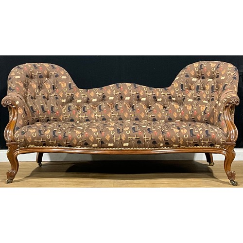 2462 - A Victorian rosewood sofa, stuffed-over upholstery, cabriole forelegs, brass casters, 100cm high, 21... 