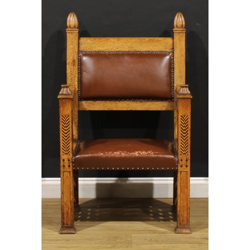 1511 - An Arts & Crafts oak and parquetry armchair, in the manner of Ambrose Heal, 110.5cm high, 68cm wide,... 