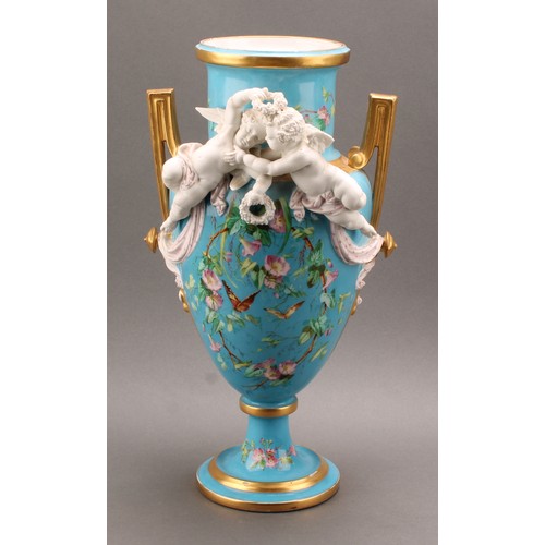 251 - A pair of French porcelain two handled pedestal urnular vases, in the manner of Sevres, painted with... 