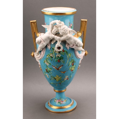 251 - A pair of French porcelain two handled pedestal urnular vases, in the manner of Sevres, painted with... 