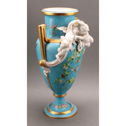 251 - A pair of French porcelain two handled pedestal urnular vases, in the manner of Sevres, painted with... 