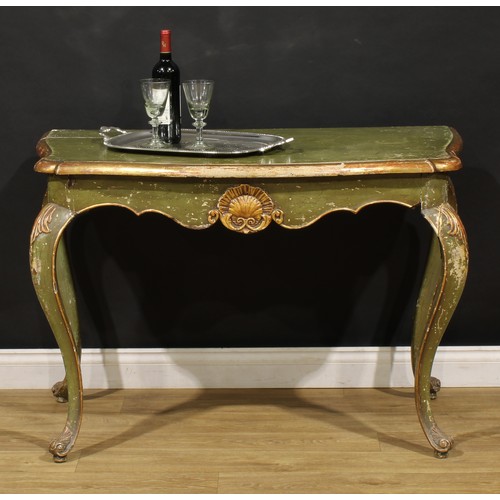 1887 - A 19th century Italian parcel-gilt and green painted pier table, possibly Venetian, serpentine top, ... 