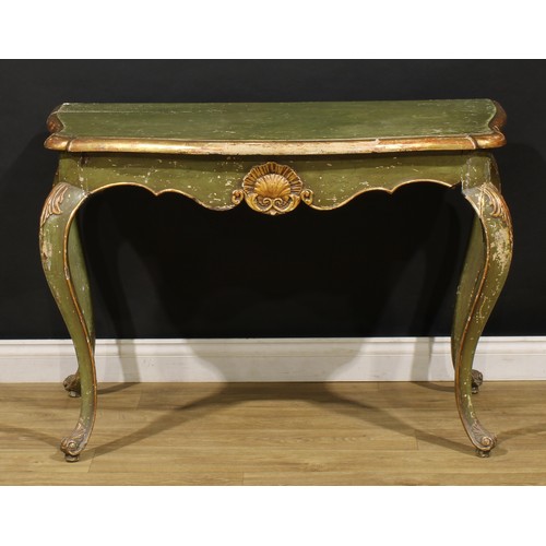 1887 - A 19th century Italian parcel-gilt and green painted pier table, possibly Venetian, serpentine top, ... 