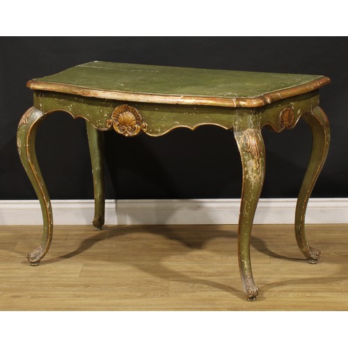 1887 - A 19th century Italian parcel-gilt and green painted pier table, possibly Venetian, serpentine top, ... 