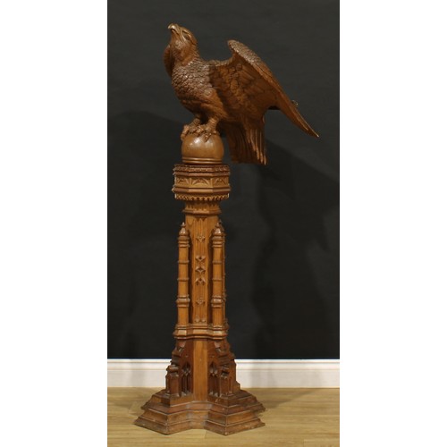 1516 - An Arts & Crafts period Gothic Revival oak ecclesiastical lecturn, carved as an eagle, architectural... 