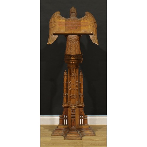 1516 - An Arts & Crafts period Gothic Revival oak ecclesiastical lecturn, carved as an eagle, architectural... 