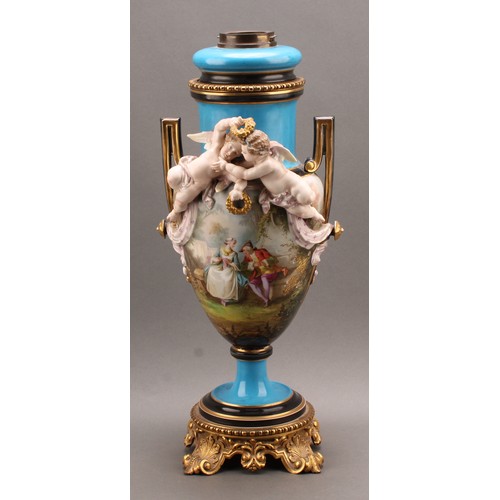 227 - A French porcelain two handled pedestal urnular oil lamp, in the manner of Sevres, painted in polych... 