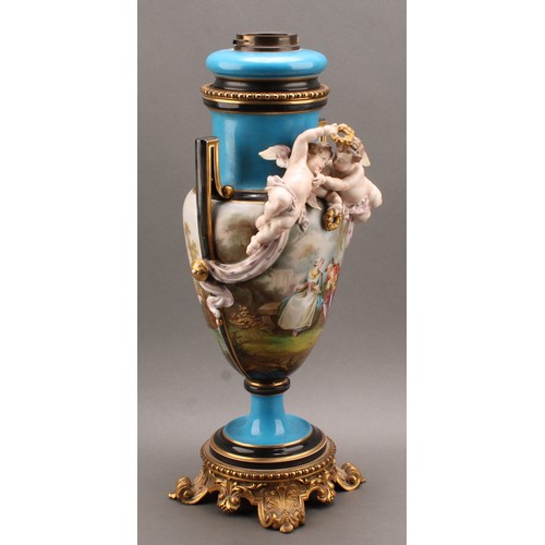 227 - A French porcelain two handled pedestal urnular oil lamp, in the manner of Sevres, painted in polych... 