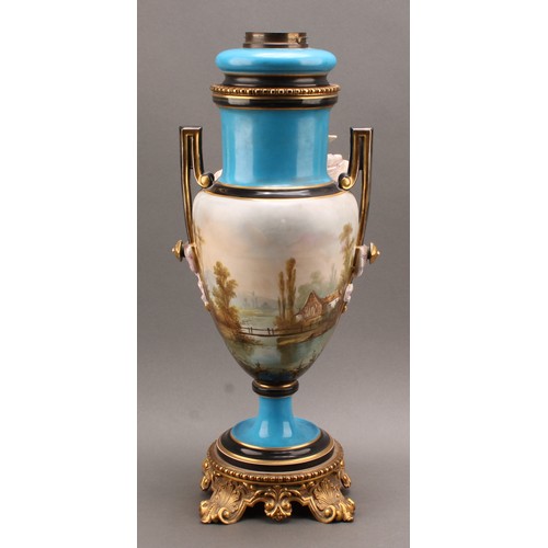 227 - A French porcelain two handled pedestal urnular oil lamp, in the manner of Sevres, painted in polych... 