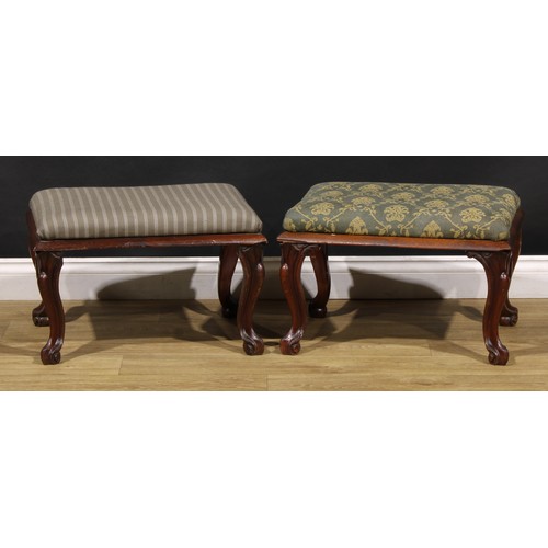 1942 - A pair of Victorian mahogany stools, stuffed-over upholstery, cabriole legs, scroll feet, 37cm high,... 