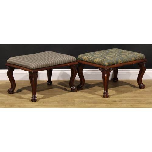 1942 - A pair of Victorian mahogany stools, stuffed-over upholstery, cabriole legs, scroll feet, 37cm high,... 