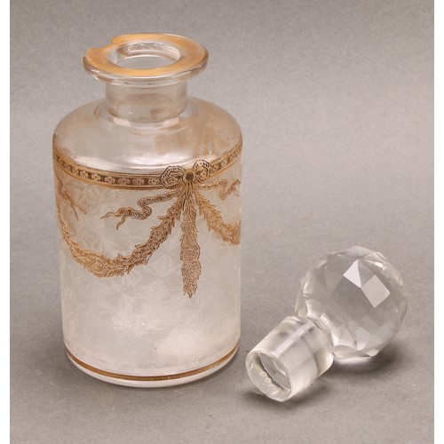 285 - A graduated set of three French glass cologne or toilette water bottles, probably St. Louis, etched ... 