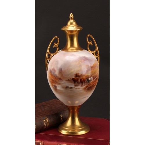 33 - Milwyn Holloway (1940-2019) hand painted porcelain twin handled urn and cover, painted with Highland... 