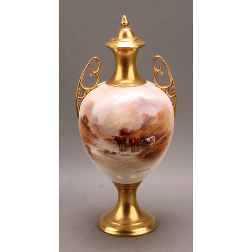 33 - Milwyn Holloway (1940-2019) hand painted porcelain twin handled urn and cover, painted with Highland... 