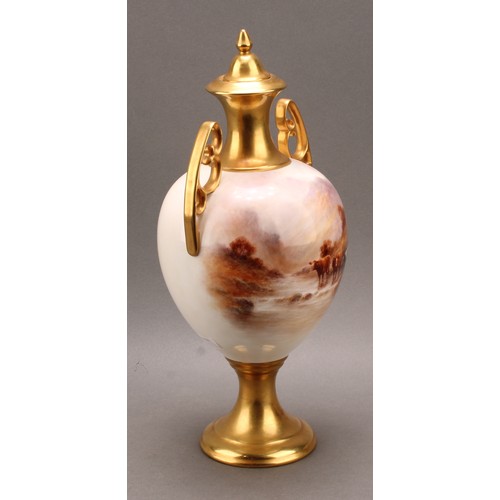 33 - Milwyn Holloway (1940-2019) hand painted porcelain twin handled urn and cover, painted with Highland... 