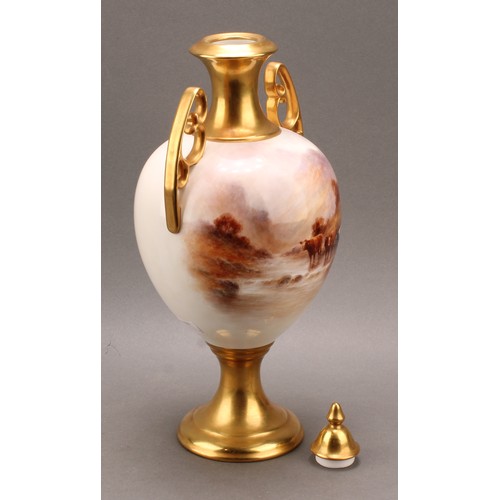 33 - Milwyn Holloway (1940-2019) hand painted porcelain twin handled urn and cover, painted with Highland... 