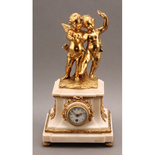 2447 - A French Louis XVI Revival gilt metal and marble clock, Arabic numerals on a 5cm circular white enam... 