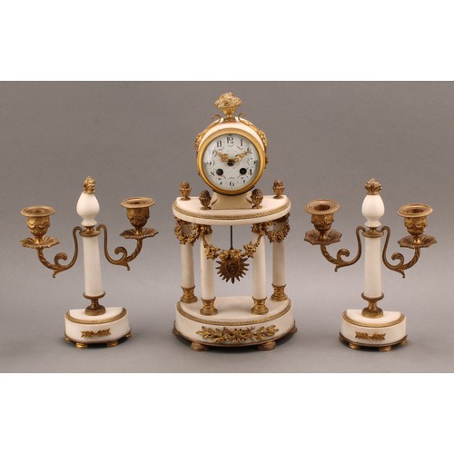 2451 - A Louis XVI Revival gilt metal mounted marble clock garniture, 7.5cm convex enamel dial with Arabic ... 