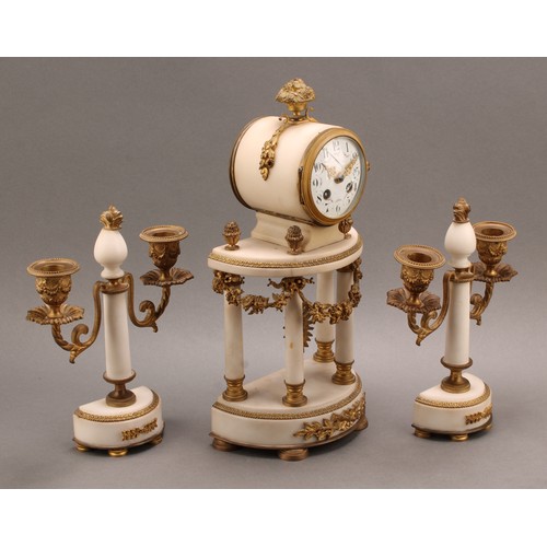 2451 - A Louis XVI Revival gilt metal mounted marble clock garniture, 7.5cm convex enamel dial with Arabic ... 