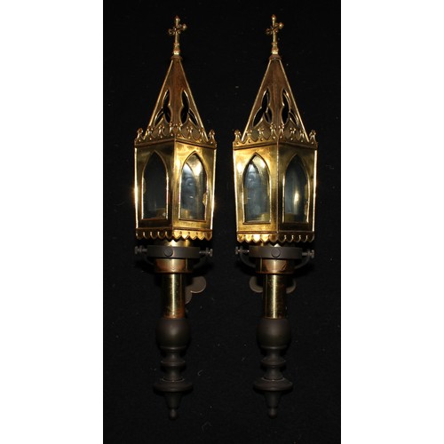 2475 - A pair of 19th century style lacquered brass Gothic wall lanterns of tapered square form, pointed ar... 