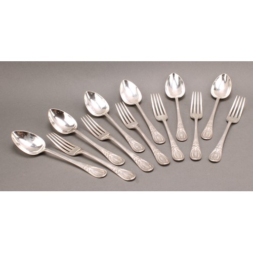 913 - A set of six Victorian silver table spoons, 19cm long, James Deakin & Sons, Sheffield, 1895; a set o... 