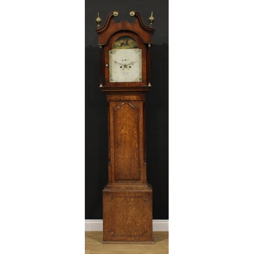 2419 - A George III oak longcase clock, 30.5cm arched painted dial inscribed Peter Clapham, Brigg, painted ... 