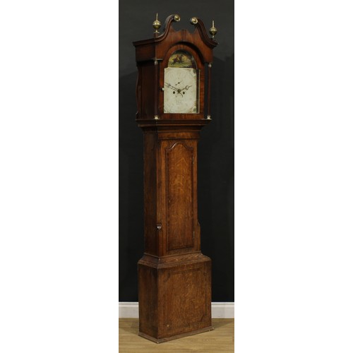 2419 - A George III oak longcase clock, 30.5cm arched painted dial inscribed Peter Clapham, Brigg, painted ... 