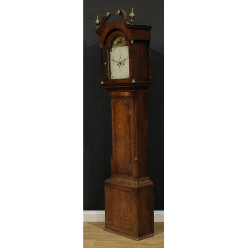 2419 - A George III oak longcase clock, 30.5cm arched painted dial inscribed Peter Clapham, Brigg, painted ... 