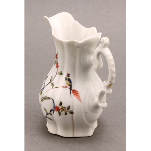 166 - An early Worcester Flowering Grasses pattern lobed baluster cream jug, painted in polychrome, double... 