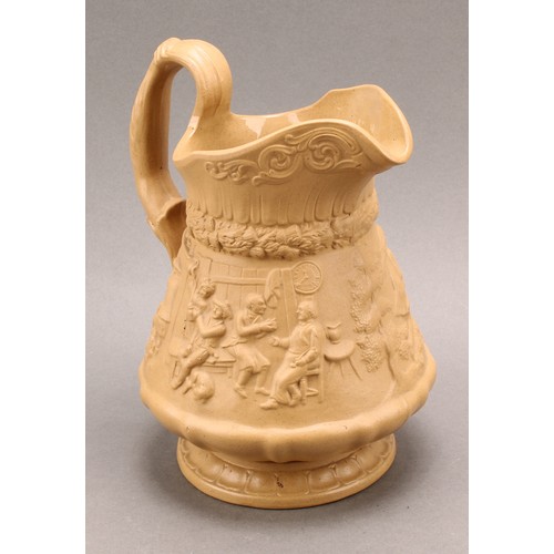 17 - An early Victorian William Ridgway & Co. relief moulded buff jug, with Tam O' Shanter scenes, 20cm h... 