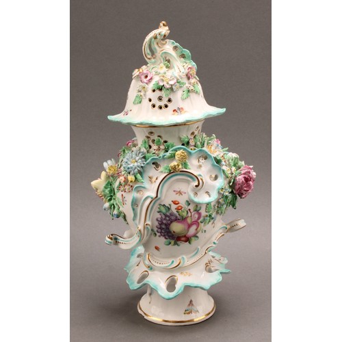 187 - A pair of Derby patch mark rococo style pedestal vases and covers, painted in polychrome with fancif... 