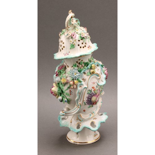 187 - A pair of Derby patch mark rococo style pedestal vases and covers, painted in polychrome with fancif... 