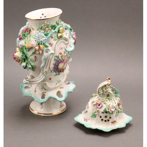 187 - A pair of Derby patch mark rococo style pedestal vases and covers, painted in polychrome with fancif... 