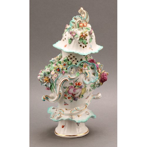 187 - A pair of Derby patch mark rococo style pedestal vases and covers, painted in polychrome with fancif... 