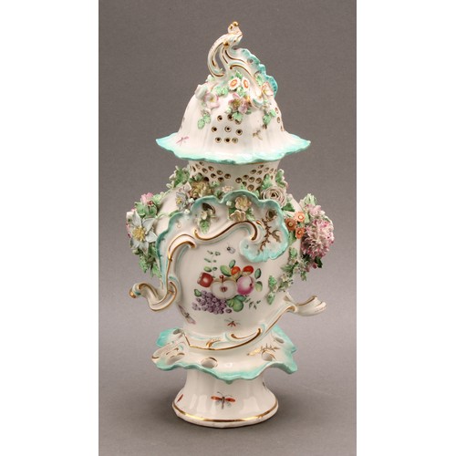 187 - A pair of Derby patch mark rococo style pedestal vases and covers, painted in polychrome with fancif... 