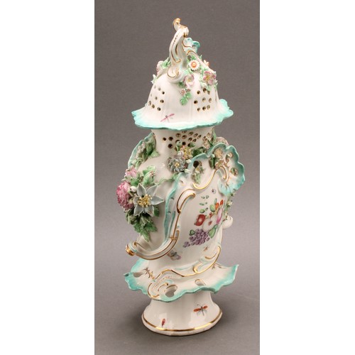 187 - A pair of Derby patch mark rococo style pedestal vases and covers, painted in polychrome with fancif... 