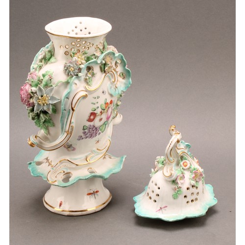 187 - A pair of Derby patch mark rococo style pedestal vases and covers, painted in polychrome with fancif... 