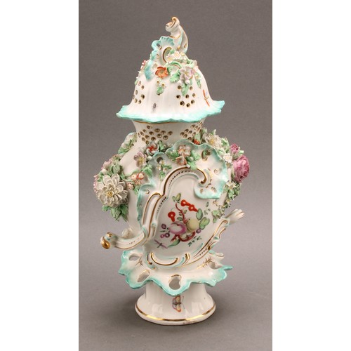 187 - A pair of Derby patch mark rococo style pedestal vases and covers, painted in polychrome with fancif... 