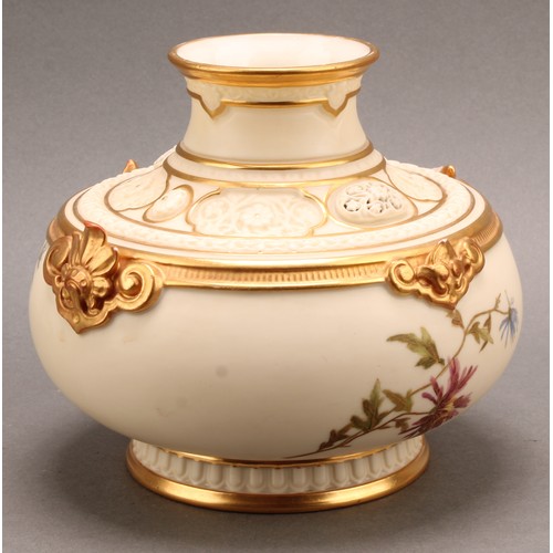 109 - A Royal Worcester reticulated pot pourri vase, decorated with floral sprigs, on a blush ivory ground... 