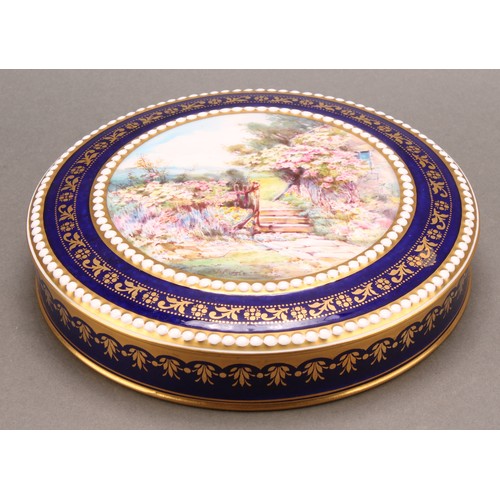 195 - A Royal Crown Derby circular compressed box and cover, painted by John Porter Wale, signed, with an ... 