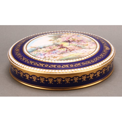 195 - A Royal Crown Derby circular compressed box and cover, painted by John Porter Wale, signed, with an ... 