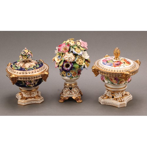 183 - A Derby pot pourri vase and cover, of compressed campana shape, painted with colourful summer flower... 