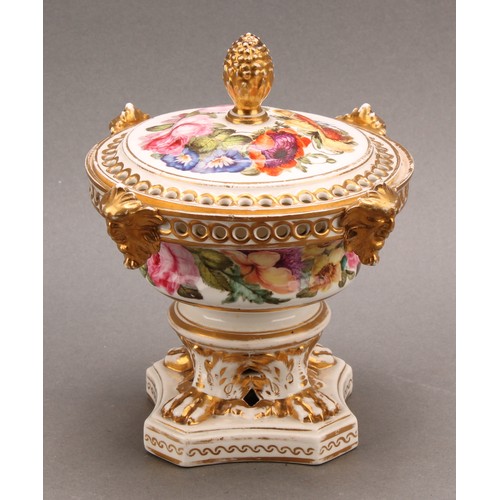 183 - A Derby pot pourri vase and cover, of compressed campana shape, painted with colourful summer flower... 