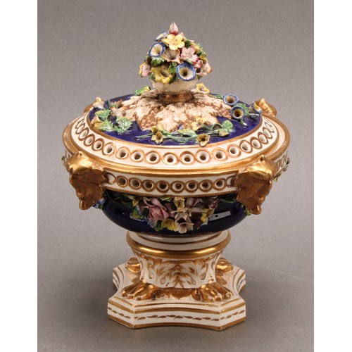 183 - A Derby pot pourri vase and cover, of compressed campana shape, painted with colourful summer flower... 