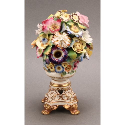 183 - A Derby pot pourri vase and cover, of compressed campana shape, painted with colourful summer flower... 